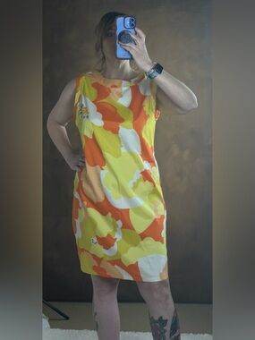 Bold Floral Sleeveless Mini Dress in Orange, Yellow & White